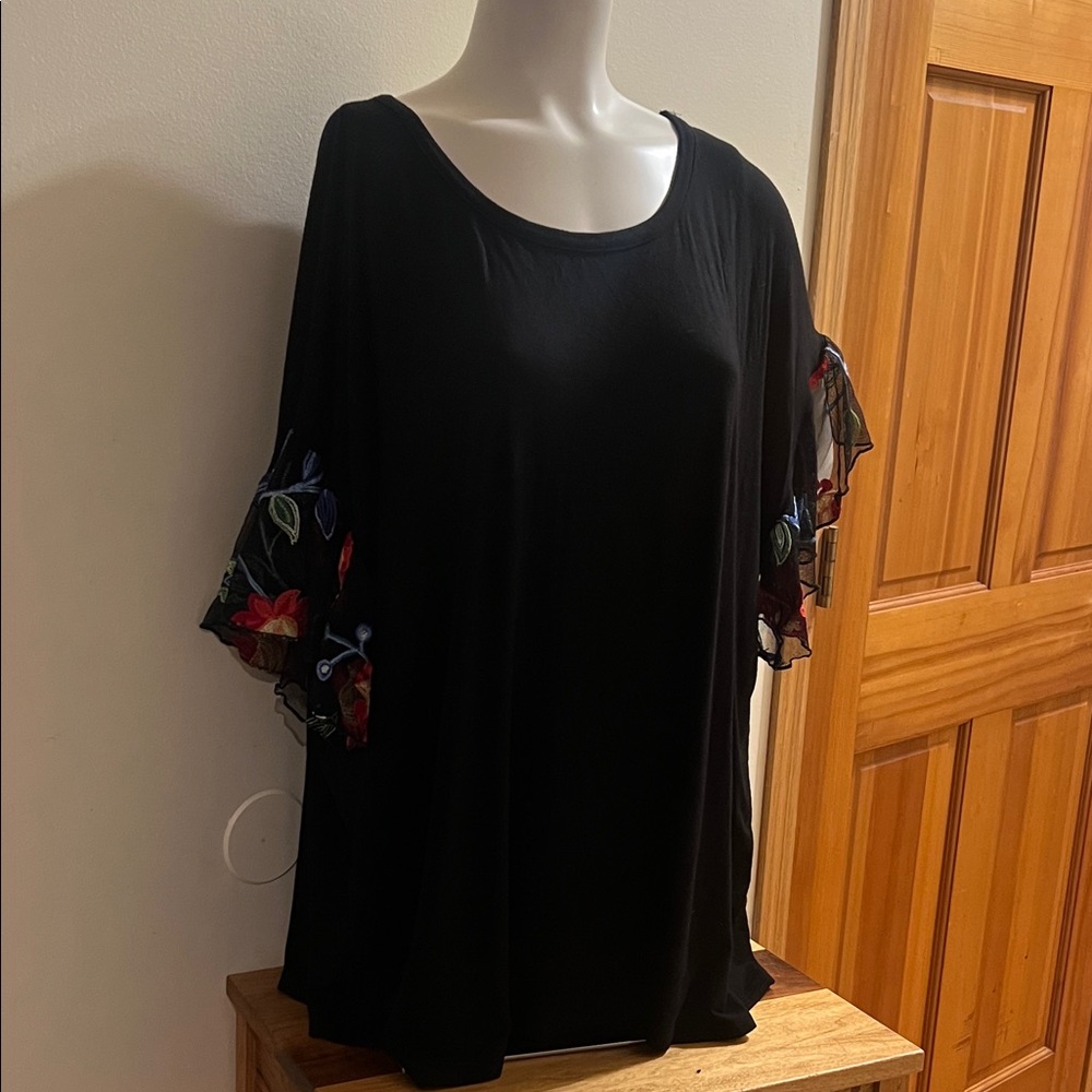 Kim & Cami Black Blouse with Floral Embroidered Sleeves